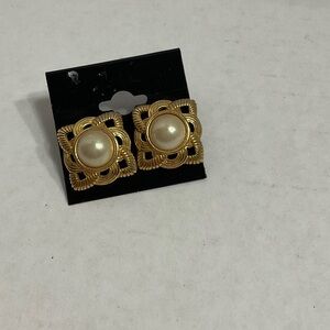 Gold and Pearl Square Earrings